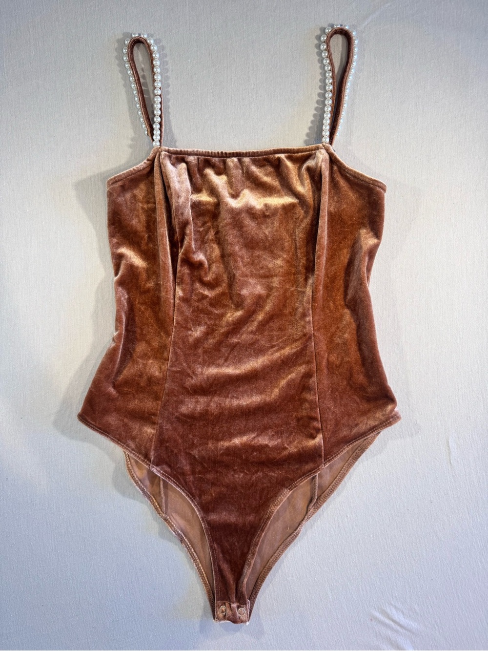 Forever 21 Brown Velvet Pearl-Trim Bodysuit
